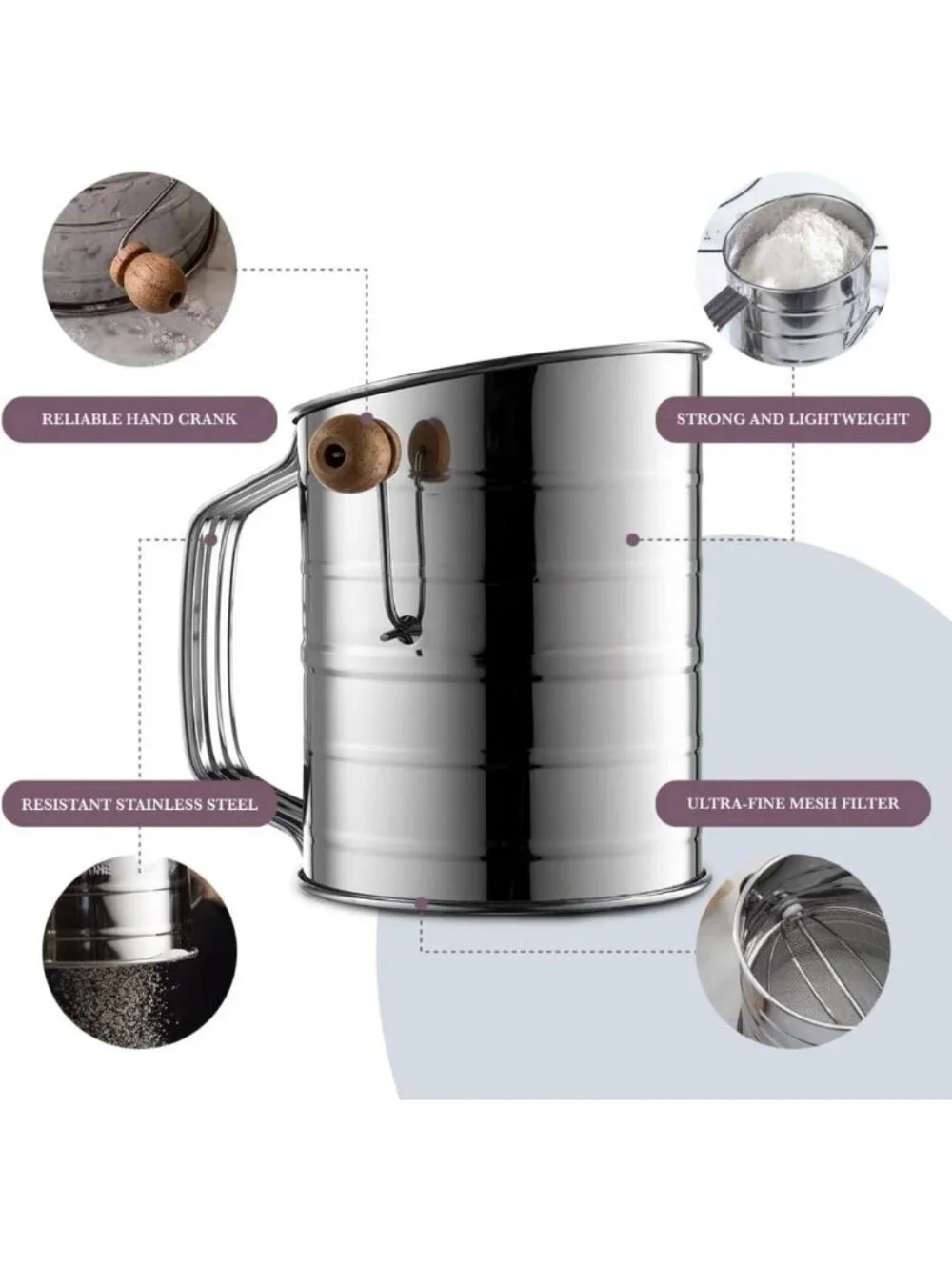 5-Cup Flour Sifter for Baking - Fine Mesh Rotary Hand Crank & Loop Agitator